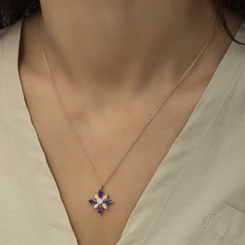 Gümüş Rose Mor Taşlı Umut Çiçeği Kolye