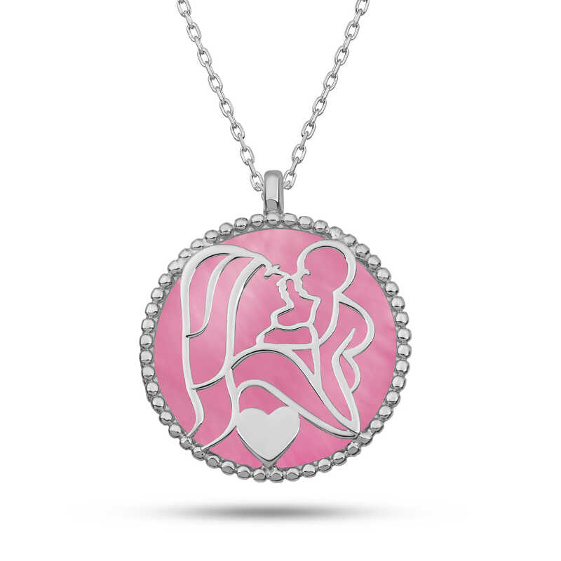 Gümüş Pembe Sedef Taşlı Anne Çocuk Sevgisi Kolye