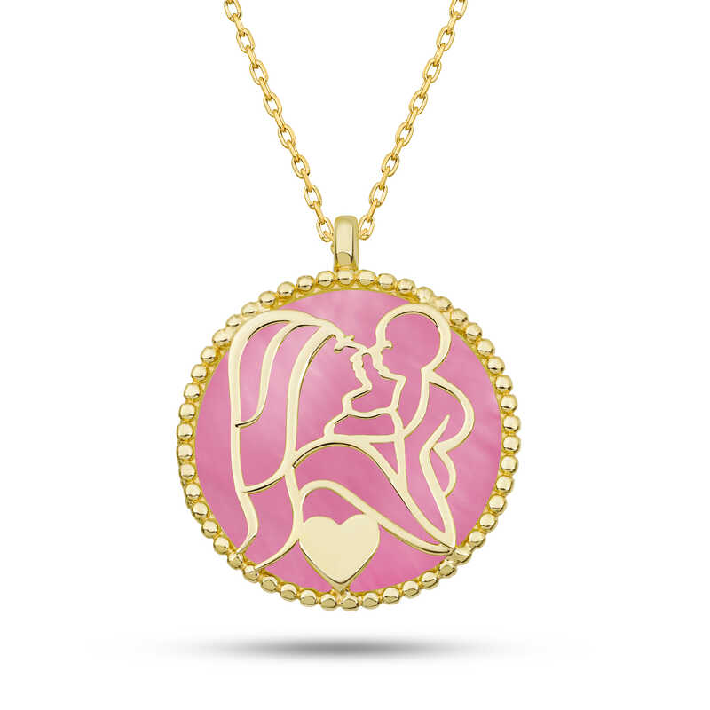 Gümüş Gold Pembe Sedef Taşlı Anne Çocuk Sevgisi Kolye