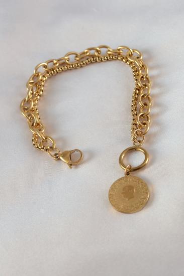316L Çelik Gold Renk 2’li Zincir Model Çeyrek Altınlı Kadın Bileklik
