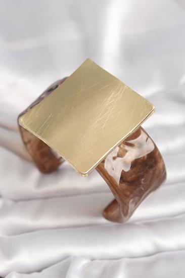 Kahverengi Mermer Desen Akrilik Plastik Gold Kare Plaka Model Vintage Kadın Bilezik