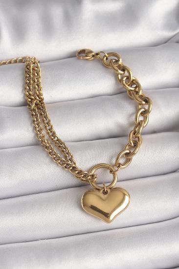 316L Çelik Gold Renk 2’Li Zincir Model Kalp Figür Kadın Bileklik