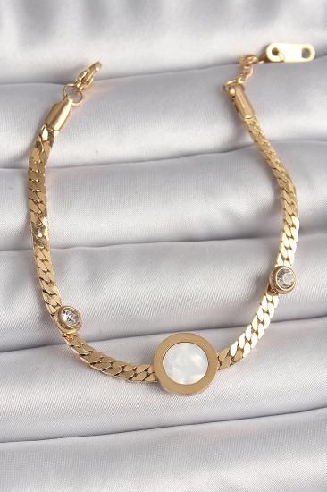316L Çelik Gold Renk Yassı Zincir Model Zirkon Taş Detaylı Beyaz Mineli Madalyon Model Kadın Bileklik