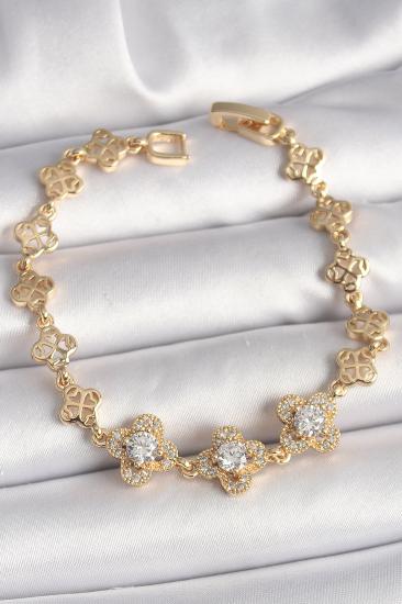 Pirinç Gold Renk Zirkon Taşlı Yonca Model Kadın Bileklik