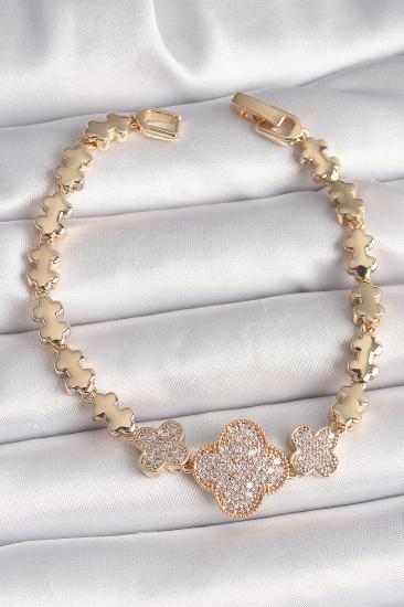 Pirinç Gold Renk Zirkon Taşlı Yonca Model Zincir Kadın Bileklik