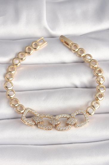 Pirinç Gold Renk Zirkon Taşlı Daire Zincir Model Kadın Bileklik