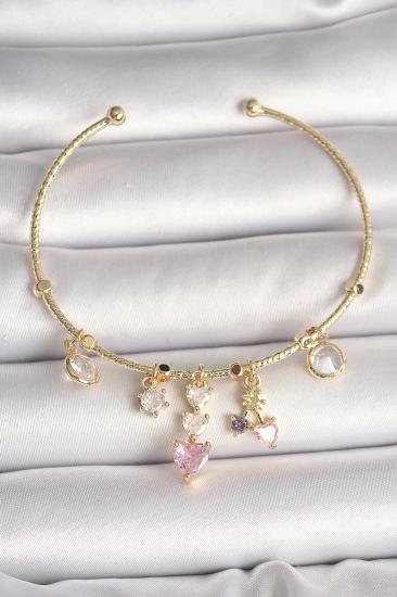 Pirinç Gold Renk Sallantı Zirkon Taşlı Kalp Figür Pembe Kalp Detay Charm Kadın Bileklik