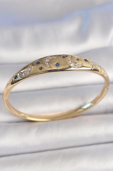 Pirinç Gold Renk Zirkon Taşlı Hilal İşleme Mavi Taşlı Yıldız Detay Kadın Kelepçe