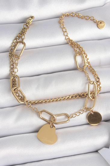 316L Çelik Gold Renk 2’Li Zincir Model Sallantı Kalp Figür Kadın Bileklik