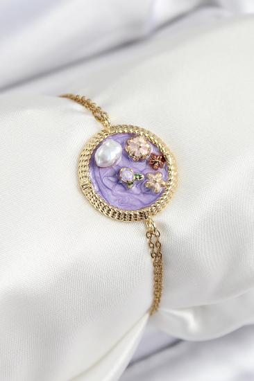 316L Çelik Zincir Mor Mineli Sanatsal Portre İnci Detaylı Çiçek Model Gold Renk Kadın Bileklik