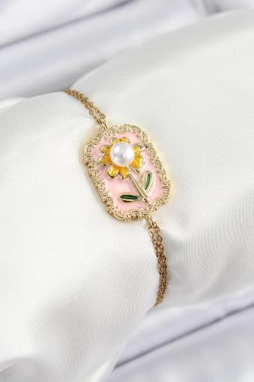 316L Çelik Zincir Pembe Mineli Sanatsal Portre İnci Detaylı Papatya Model Gold Renk Kadın Bileklik