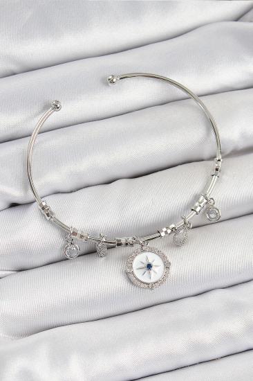 Pirinç Zirkon Taşlı Pusula Model Gümüş Renk Charm Bileklik