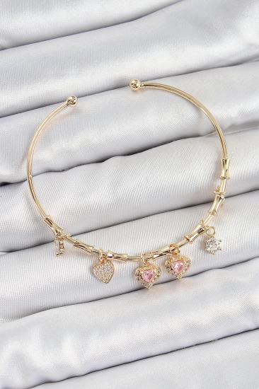 Pirinç Zirkon Taşlı Pembe Kalp Model Gold Renk Charm Bileklik