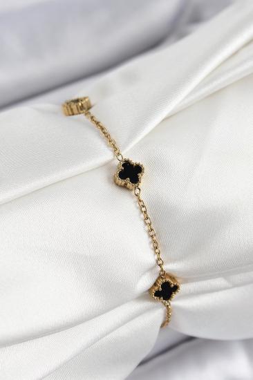 316L Çelik Siyah Sedef Yonca Model Gold Renk Kadın Bileklik