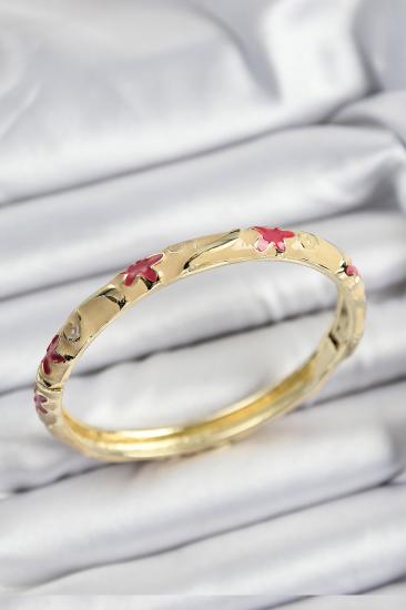 Mineli Pirinç Pembe Ve Krem Çiçek Motifli Gold Renk Kadın Kelepçe