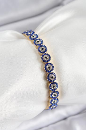 Pirinç Zirkon Taşlı Lacivert Nazar Model Gold Renk Lastikli Kadın Bileklik
