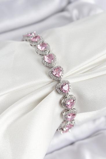 Pirinç Zirkon Taşlı Pembe Kalp Baget Model Gümüş Renk VIP Seri Kadın Bileklik