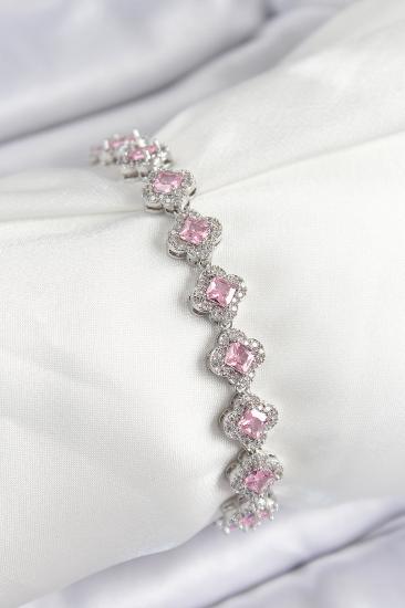 Pirinç Zirkon Taşlı Pembe Yonca Baget Model Gümüş Renk VIP Seri Kadın Bileklik