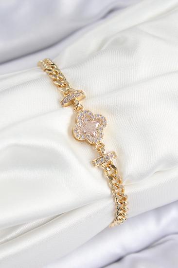 Pirinç Zirkon Taşlı Yonca Model Gold Renk Kadın Bileklik
