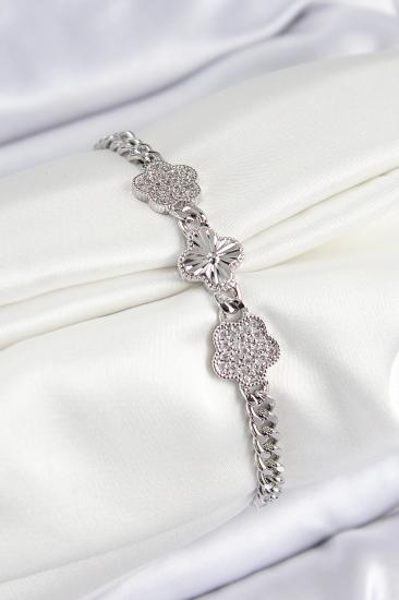 Pirinç Zirkon Taşlı Yonca Model Gümüş Renk Kadın Bileklik