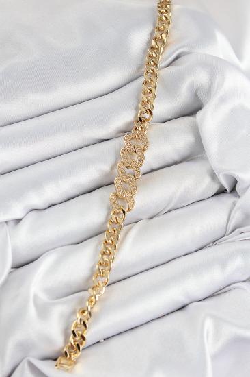 Pirinç Zirkon Taşlı Ezme Küba Zincir Model Gold Renk Kadın Bileklik