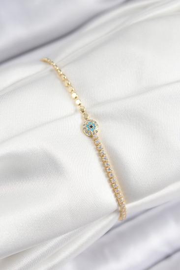 Pirinç Zirkon Taşlı Nazar Model Ezme Zincir Gold Renk Kadın Bileklik