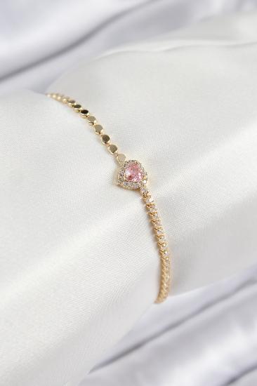 Pirinç Zirkon Taşlı Kalp Model Ezme Zincir Gold Renk Kadın Bileklik