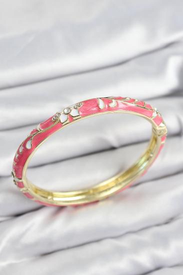 Mineli Pirinç Zirkon Taşlı Pembe Çiçek Motifli Gold Kadın Kelepçe
