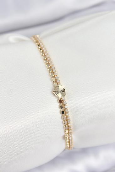 Pirinç Zirkon Taşlı Ezme Zincirli Kalp Model Gold Renk Kadın Bilekilk