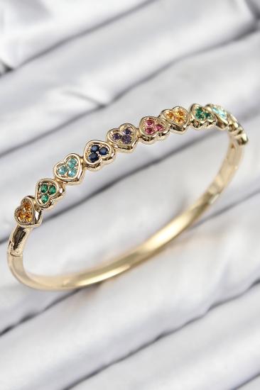 Pirinç Renkli Zirkon Taşlı Sıralı Kalp Model Gold Renk Kadın Kelepçe