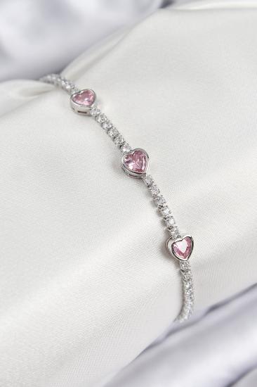 Pirinç Zirkon Taşlı Pembe Kalp Model Gümüş Renk Kadın Bileklik
