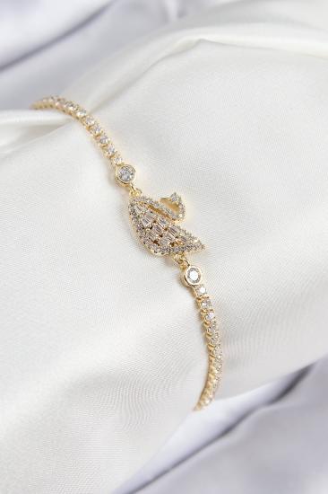 Pirinç Zirkon Taşlı Kuğu Model Gold Renk Kadın Bileklik