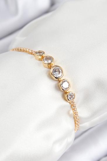 Pirinç Zirkon Taşlı Sıralı Daire Model Gold Renk Asansörlü Kadın Bileklik