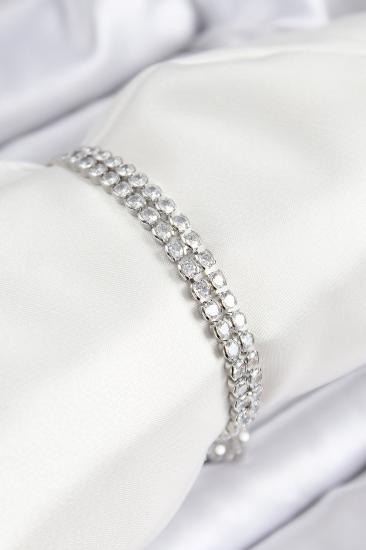 Pirinç Zirkon Taşlı Çift Sıra Model Gümüş Renk Asansörlü Kadın Bileklik