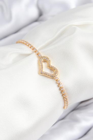 Pirinç Zirkon Taşlı Kalp Model Gold Renk Asansörlü Kadın Bileklik