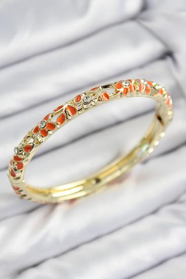 Mineli Pirinç Zirkon Taşlı Turuncu Çiçek Motifli Gold Kadın Kelepçe