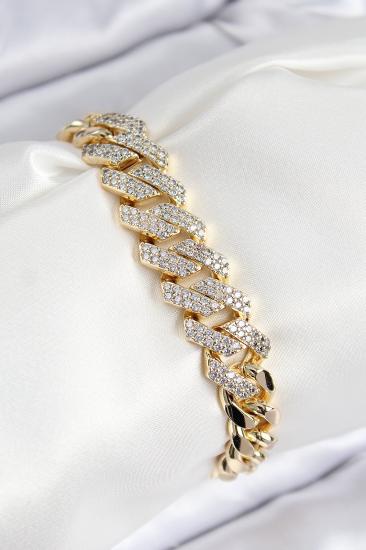 VIP Pirinç Zirkon Taşlı Cuba Model Gold Renk Kadın Bileklik