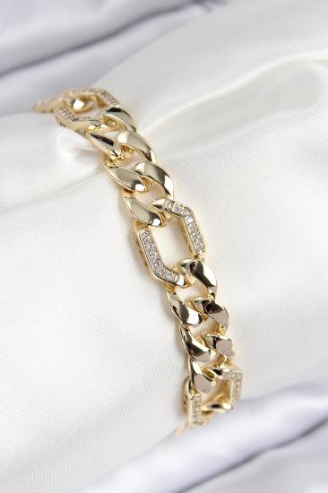 VIP Pirinç Zirkon Taşlı Parçalı Zincir Model Gold Renk Kadın Bileklik