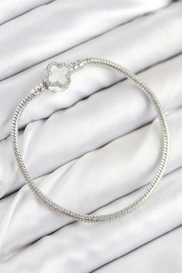 Pirinç Charm Zirkon Taşlı Yonca Model Gümüş Renk Kadın Bileklik
