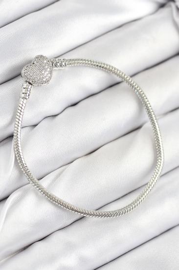Pirinç Charm Zirkon Taşlı Kalp Model Gümüş Renk Kadın Bileklik