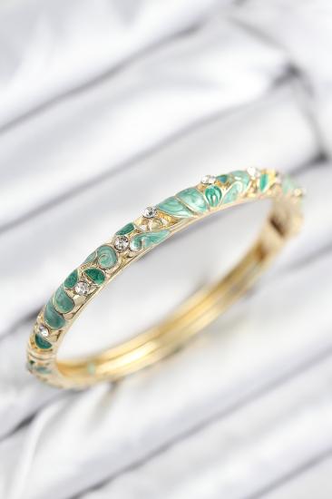 Mineli Pirinç Zirkon Taşlı Zümrüt Yeşili Çiçek Motifli Gold Kadın Kelepçe