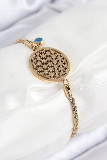 316L Çelik Nazar Boncuğu Detaylı Yaşam Çiçeği Model Gold Renk Kadın Bileklik