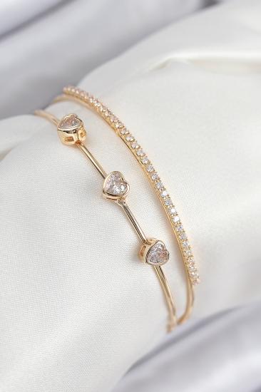 Pirinç Zirkon Taşlı Kalp Model Gold Renk Kadın Bileklik