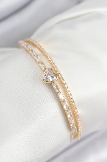 Pirinç Zirkon Taşlı Kalp Model Gold Renk Kadın Bileklik