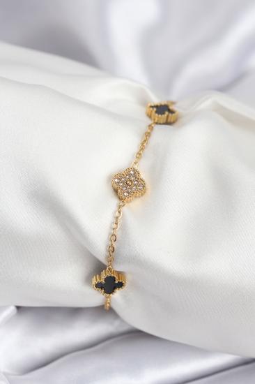 316L Çelik Gold Renk Siyah ve Zirkon Taşlı Baby Boy Yonca Kadın Bileklik