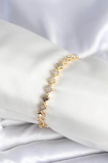 Pirinç Gold Renk Zirkon Taşlı Yonca Model Kadın Bileklik