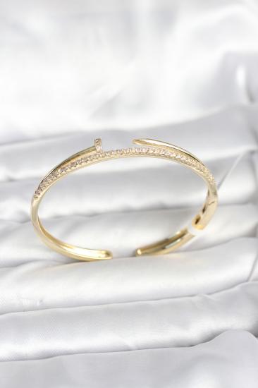 Pirinç Gold Renk Zirkon Taşlı Çivi Model Kadın Kelepçe Bileklik