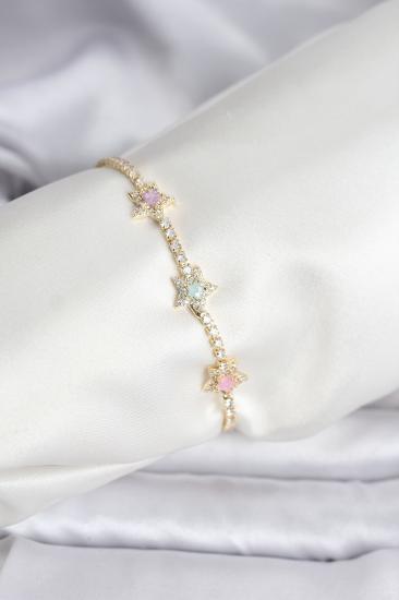 Renkli Yıldız Model Zirkon Taşlı Gold Renk Pirinç Su Yolu Kadın Bileklik