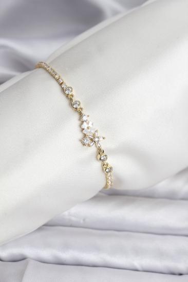 Çiçekli Model Zirkon Taşlı Gold Renk Su Yolu Kadın Bileklik