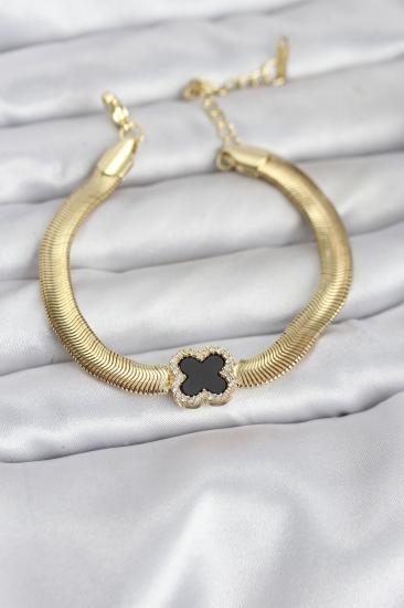 316L Çelik Gold Renk Siyah Yonca Model Zirkon Taşlı Yılan Zincirli Kadın Bileklik